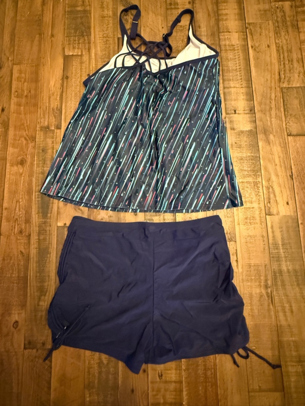 Yonique Navy Strappy Tankini (2 Piece)with Multi-Color Linear Print NWT - Picture 2 of 15